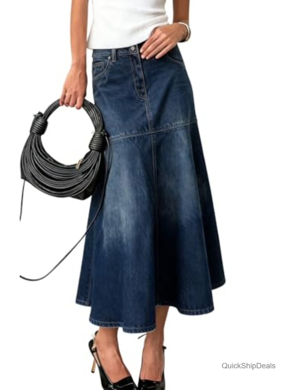 Women's A-Line Pleated Midi Jean Skirt Distressed Fishtail Denim